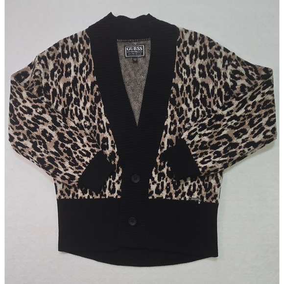 GUESS Leopard Print Knit Cardigan Sweater Black Trim Button Front - Picture 1 of 5